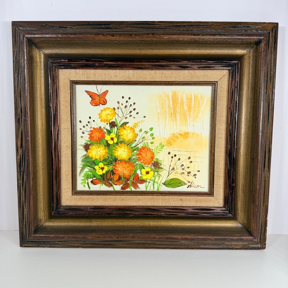 Other - Vintage Framed Floral Painting Whimsical Butterfly Art Signed Hison